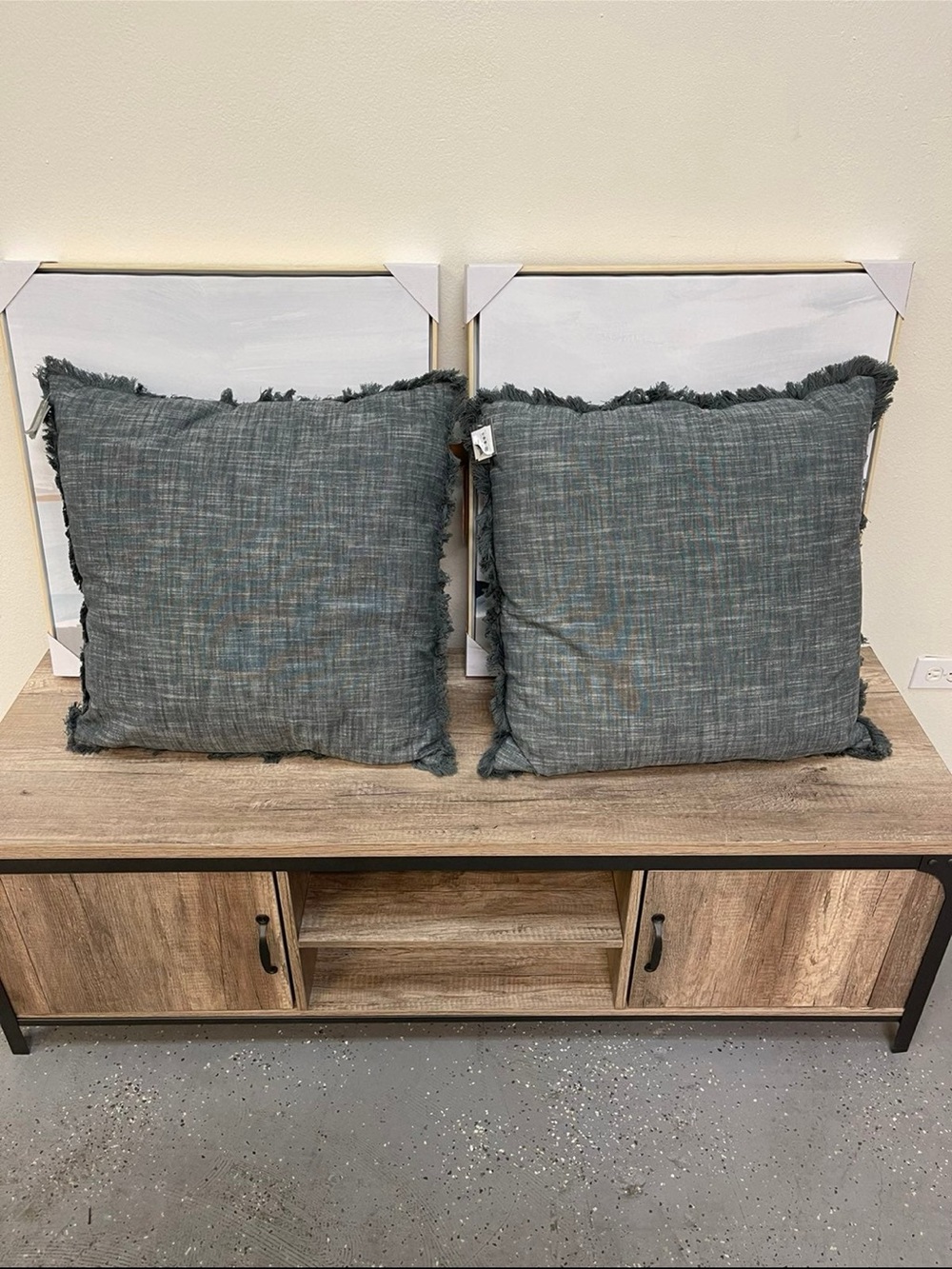 Two Threshold blue gray  Fringe Accent Pillow Covers with fringe trim. 24x24